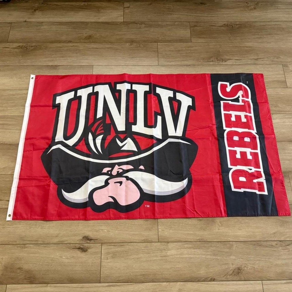 UNLV Rebels flag with black/red vertical stripes and white lettering